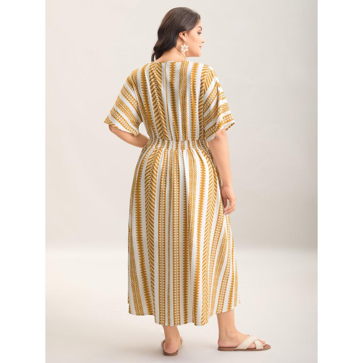 Plus Size Solid Geometric Dolman Sleeve Pocket Shirred Split Hem Dress Turmeric Women Resort Non V-neck Half Sleeve Curvy Long Dress BloomChic 18-20/2X Product Image
