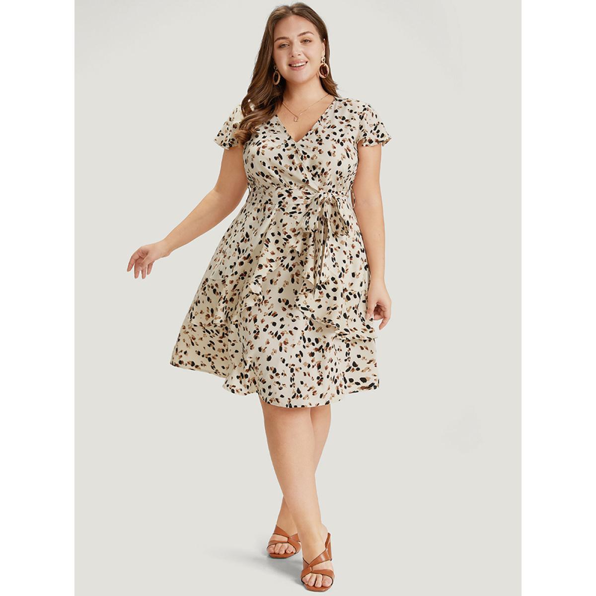 Plus Size Allover Print Belted Ruffles Asymmetrical Layered Hem Dress Apricot Women Elegant Gathered V-neck Cap Sleeve Curvy Knee Dress BloomChic 14-16/1X Product Image