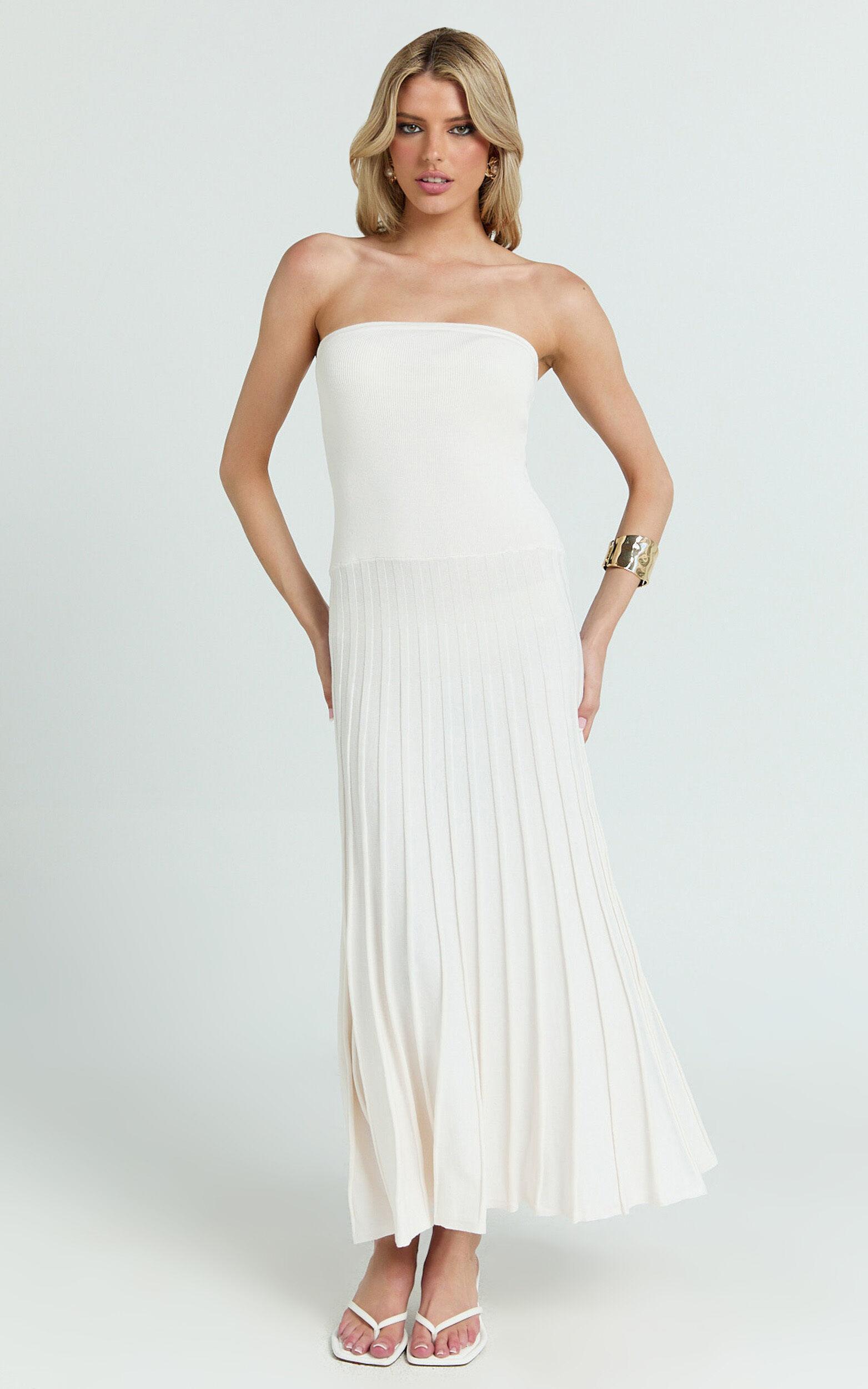 Paris Midi Dress - Strapless Drop Waist Pleated Knit Dress in White Product Image