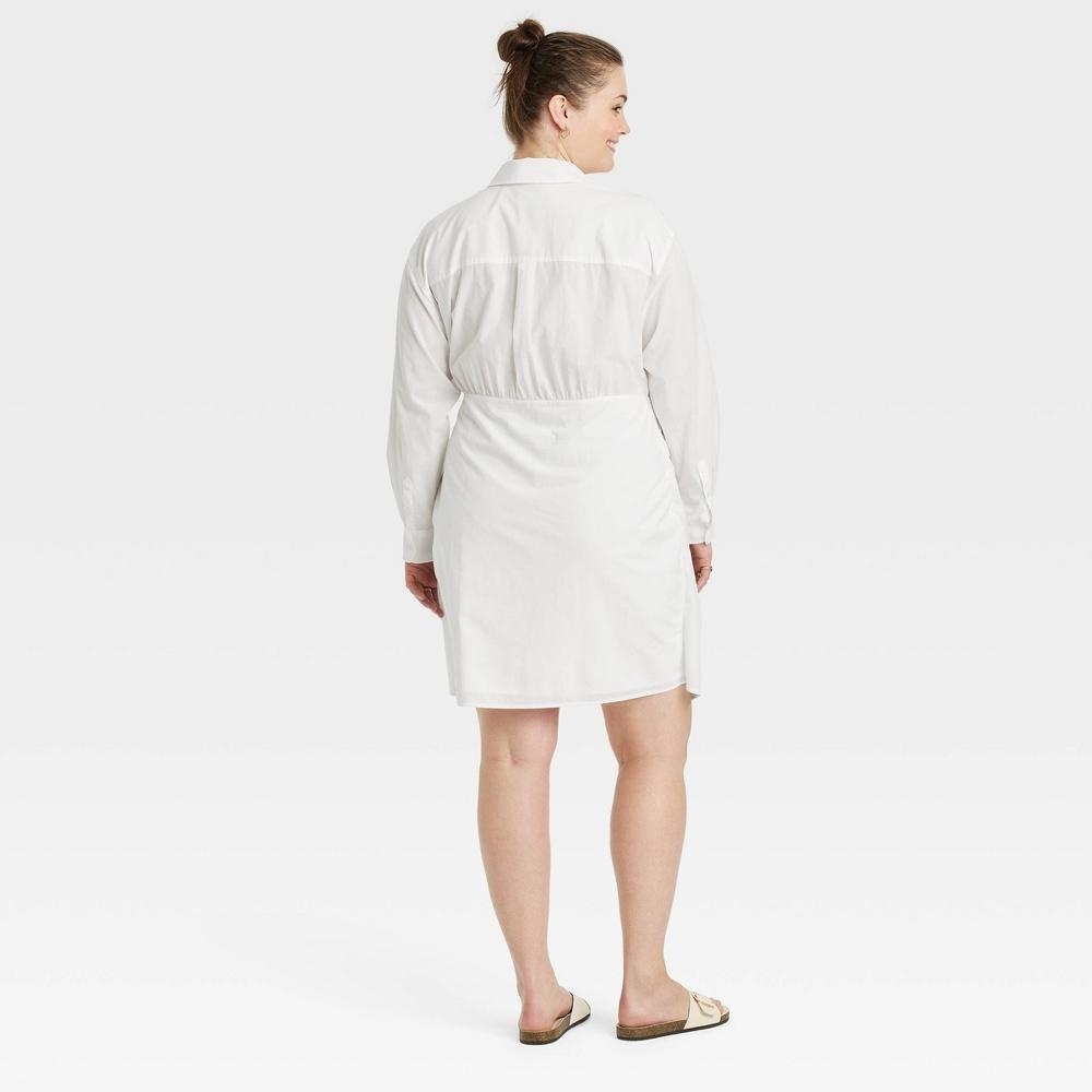 Women's Long Sleeve Tie-Front Mini Shirtdress - Universal Thread™ White XXL: Collared Woven Cotton Product Image