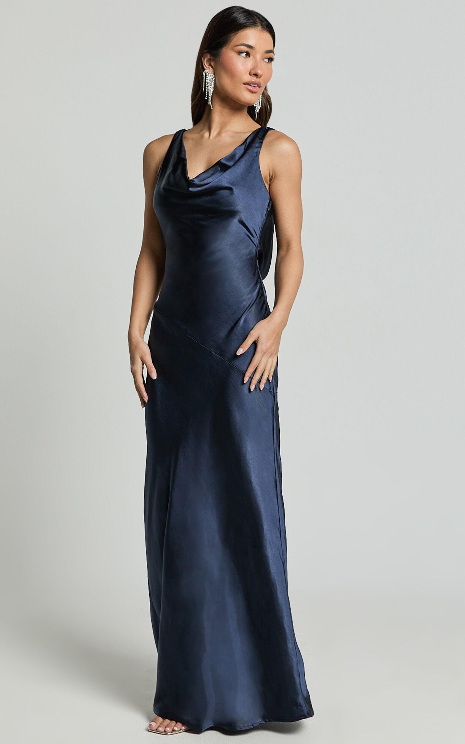 Adilah Maxi Dress - Cowl Neck Satin Dress in Navy Product Image