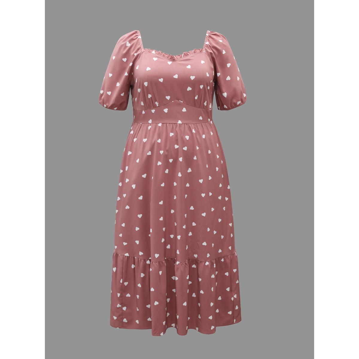 Plus Size Ruffled Stretchy Waist Puff Sleeve Dress DustyPink Women Elegant Gathered Heart neckline Half Sleeve Curvy BloomChic 28/5X Product Image