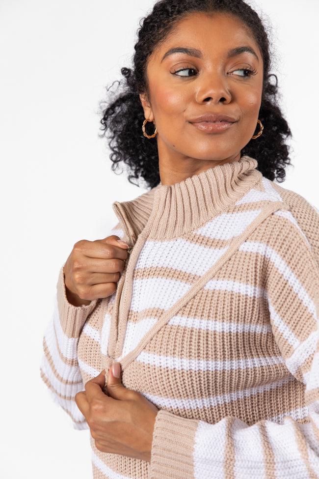 Worth Melting For Beige Striped Color Block Quarter Zip Pullover Sweater FINAL SALE Product Image
