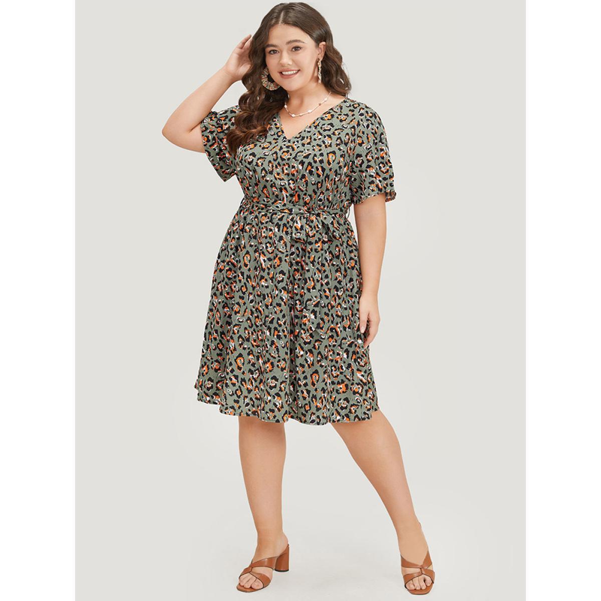 Plus Size Colour Leopard Print Belted Ruffle Hem Pocket Dress ArmyGreen Women Elegant Gathered V-neck Short sleeve Curvy Knee Dress BloomChic 14-16/1X Product Image