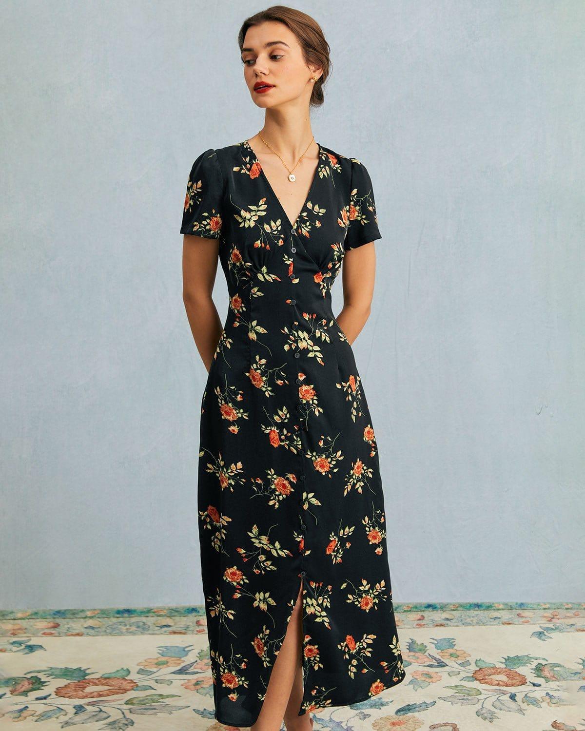 The Black V Neck Floral Short Sleeve Maxi Dress Product Image