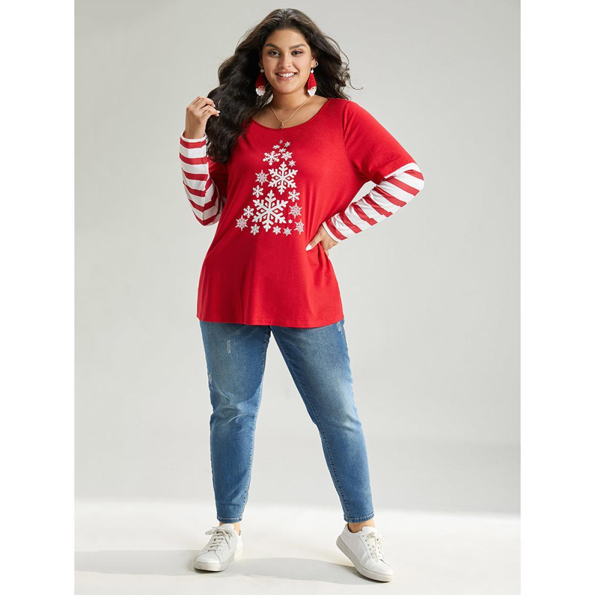 Plus Size Snowflake Striped Patchwork T-shirt Red Women Casual Contrast Christmas Round Neck Festival-Christmas T-shirts BloomChic 18-20/2X Product Image