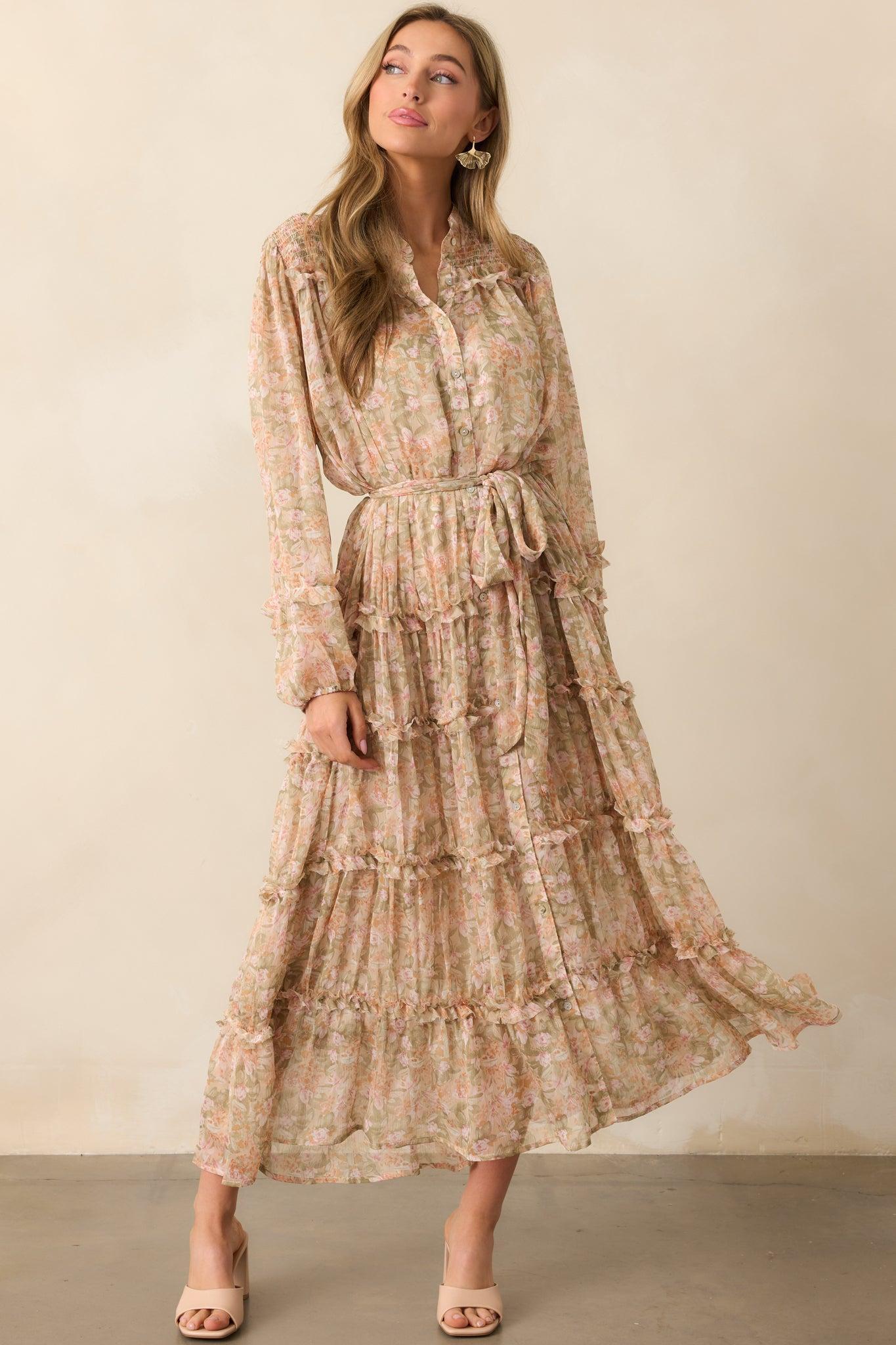 Whisper Of The Wind Blush Floral Long Sleeve Maxi Dress Product Image