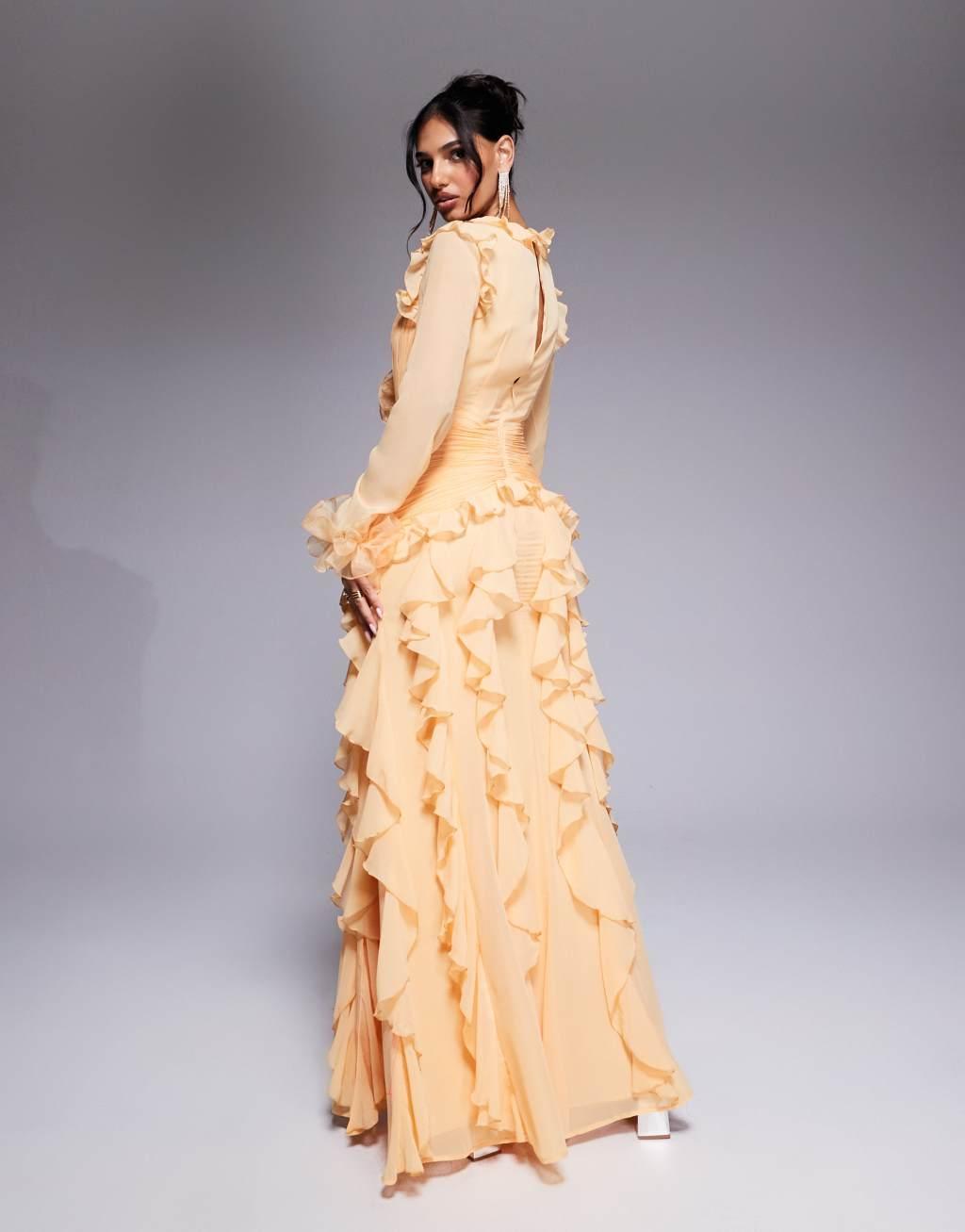 ASOS LUXE organza long sleeve exaggerated ruffle maxi dress in apricot Product Image