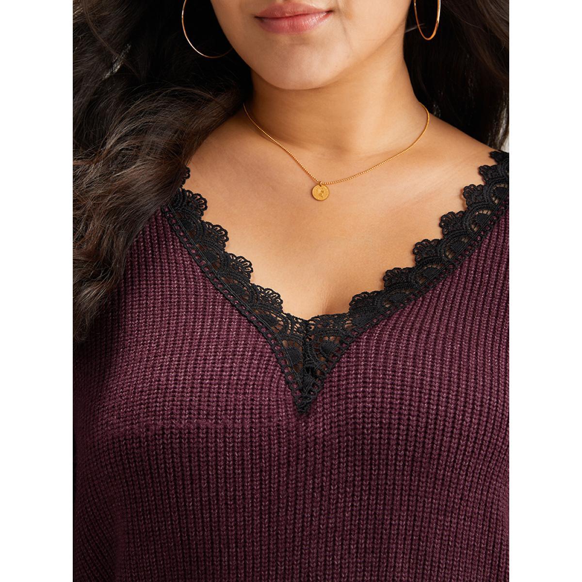 Plus Size Supersoft Essentials Lace Insert Drop Shoulder Pullover Burgundy Women Casual Loose Long Sleeve V-neck Dailywear Pullovers BloomChic 18-20/2X Product Image