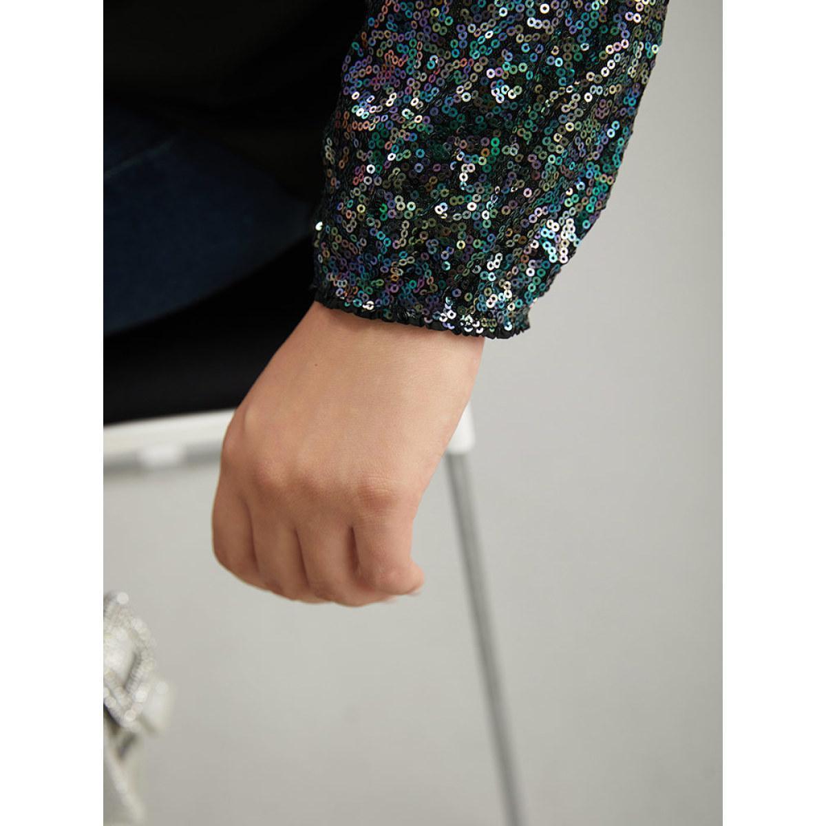 Plus Size Black Sequin Patchwork V Neck Blouse Women Glamour Long Sleeve V-neck Going out Blouses BloomChic 12/L Product Image