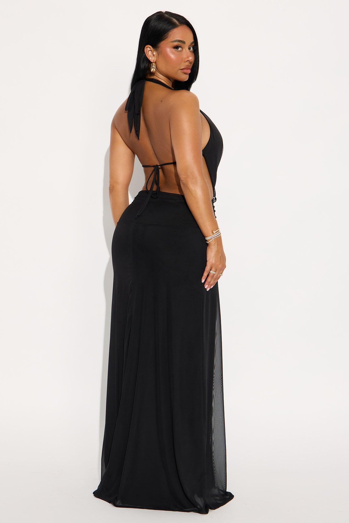 Hailie Mesh Halter Backless Maxi Dress - Black Product Image