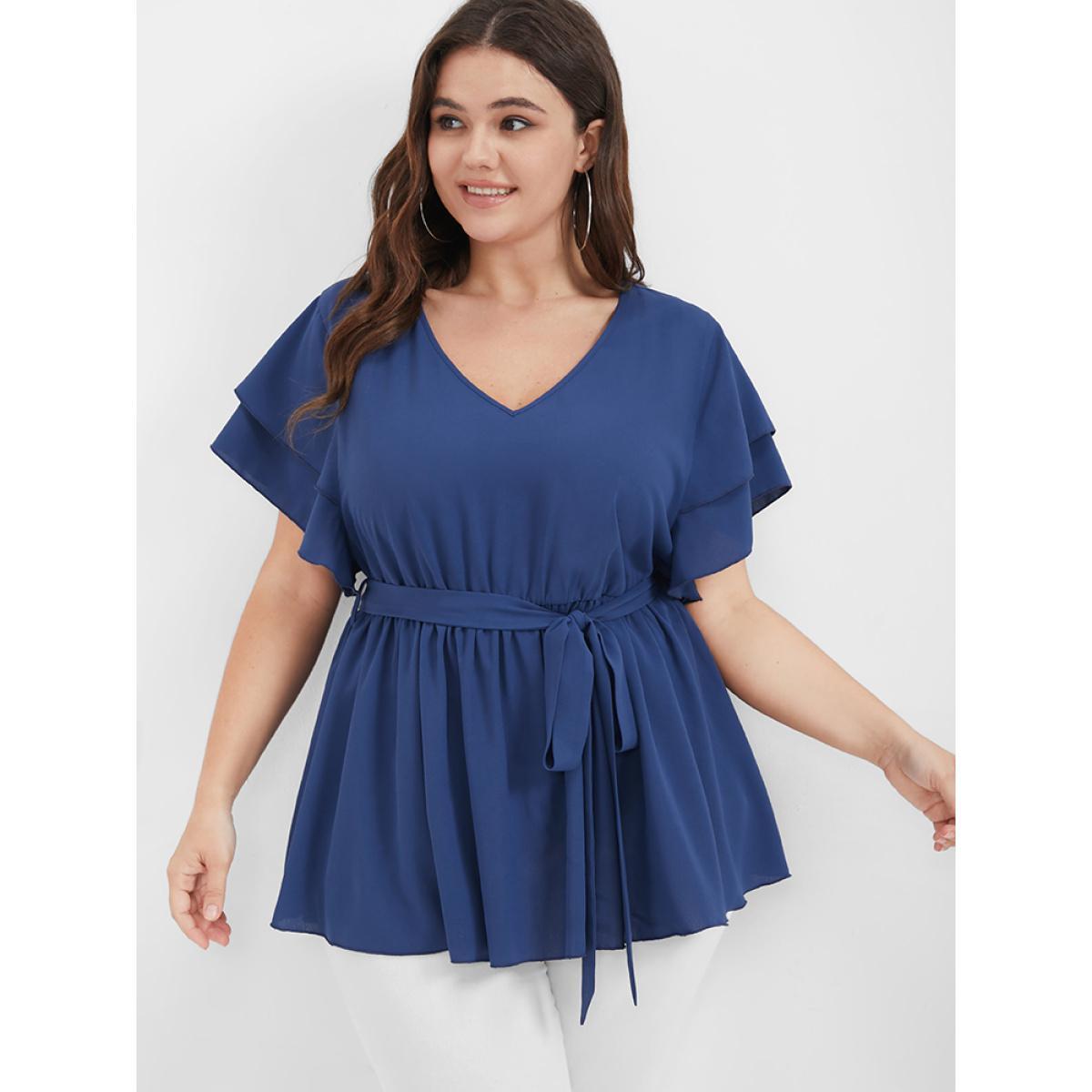 Plus Size DarkBlue Solid Babydoll Flutter Tiered Belted V Neck Blouse Women Elegant Short sleeve V-neck Dailywear Blouses BloomChic 30/6X Product Image