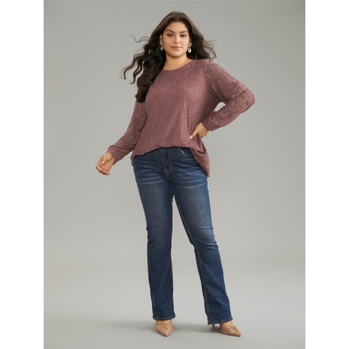 Plus Size Dirtypink Solid Crochet Lace Mesh Crew Neck Blouse Women Cocktail Long Sleeve Round Neck Party Blouses BloomChic 10/M Product Image