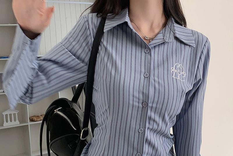 Long-Sleeve Collared Pinstriped Embroidered Shirt / Pointed Hem Mini Skirt / Plain Padded Cami Top Product Image