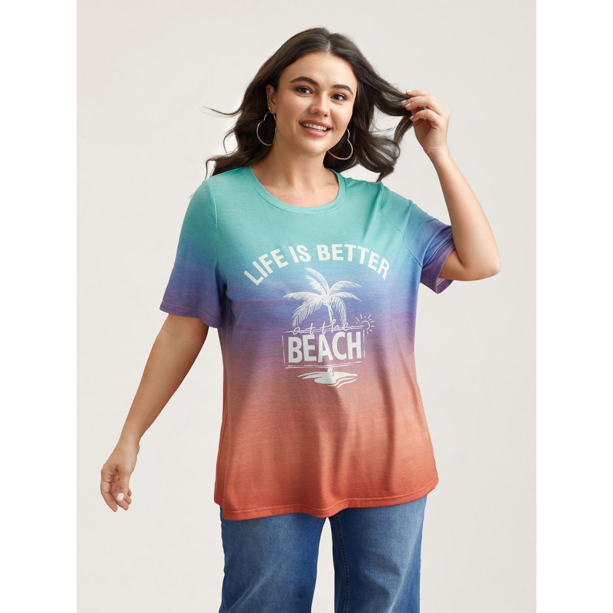 Plus Size Gradient Beach Print Fitted T-Shirt Multicolor Women Casual Contrast Tropical Round Neck Everyday T-shirts BloomChic 14-16/1X Product Image