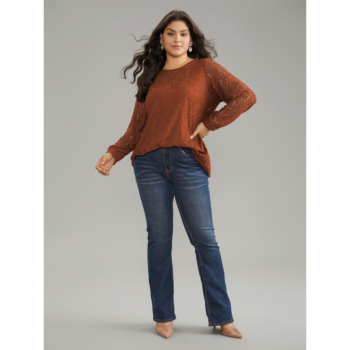 Plus Size Rust Solid Crochet Lace Mesh Crew Neck Blouse Women Cocktail Long Sleeve Round Neck Party Blouses BloomChic 12/L Product Image