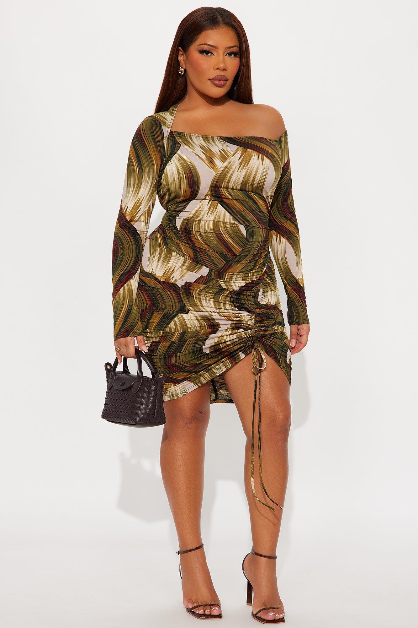 Lennox Long Sleeve Ruched Midi Dress - Green/combo Female Product Image