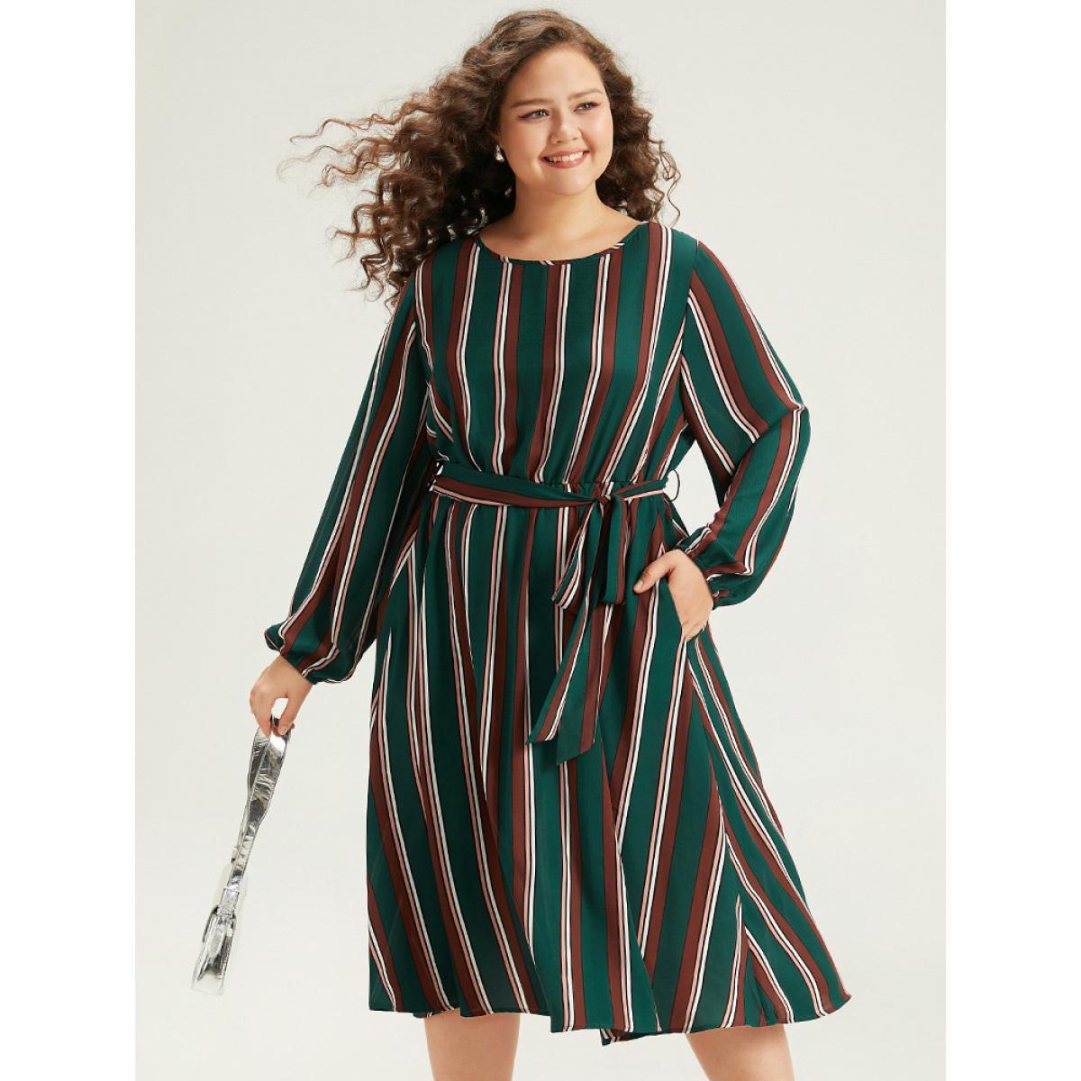 Plus Size Striped Contrast Crew Neck Belted Dress Multicolor Women Office Elastic cuffs Round Neck Long Sleeve Curvy Midi Dress BloomChic 10/M Product Image