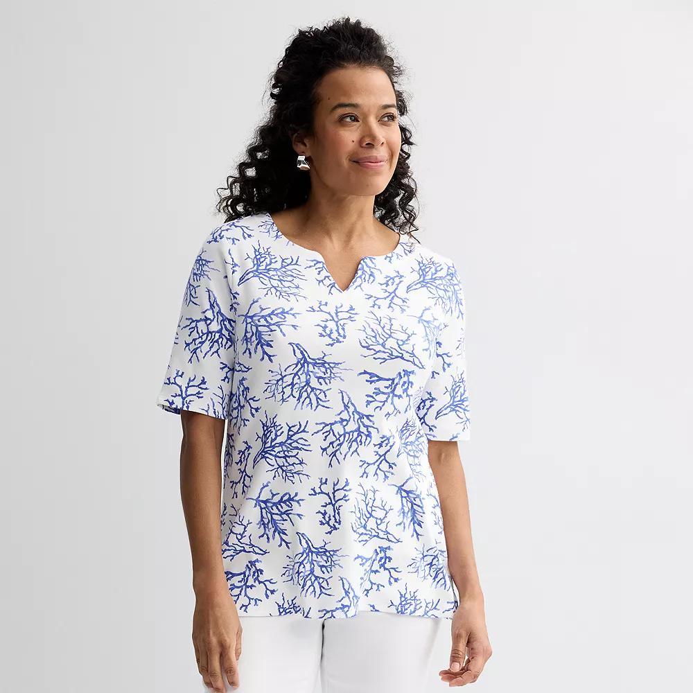 Women's Croft & Barrow® Elbow-Sleeve Splitneck Top, Size: Medium, Pink Tidy Stripe Product Image