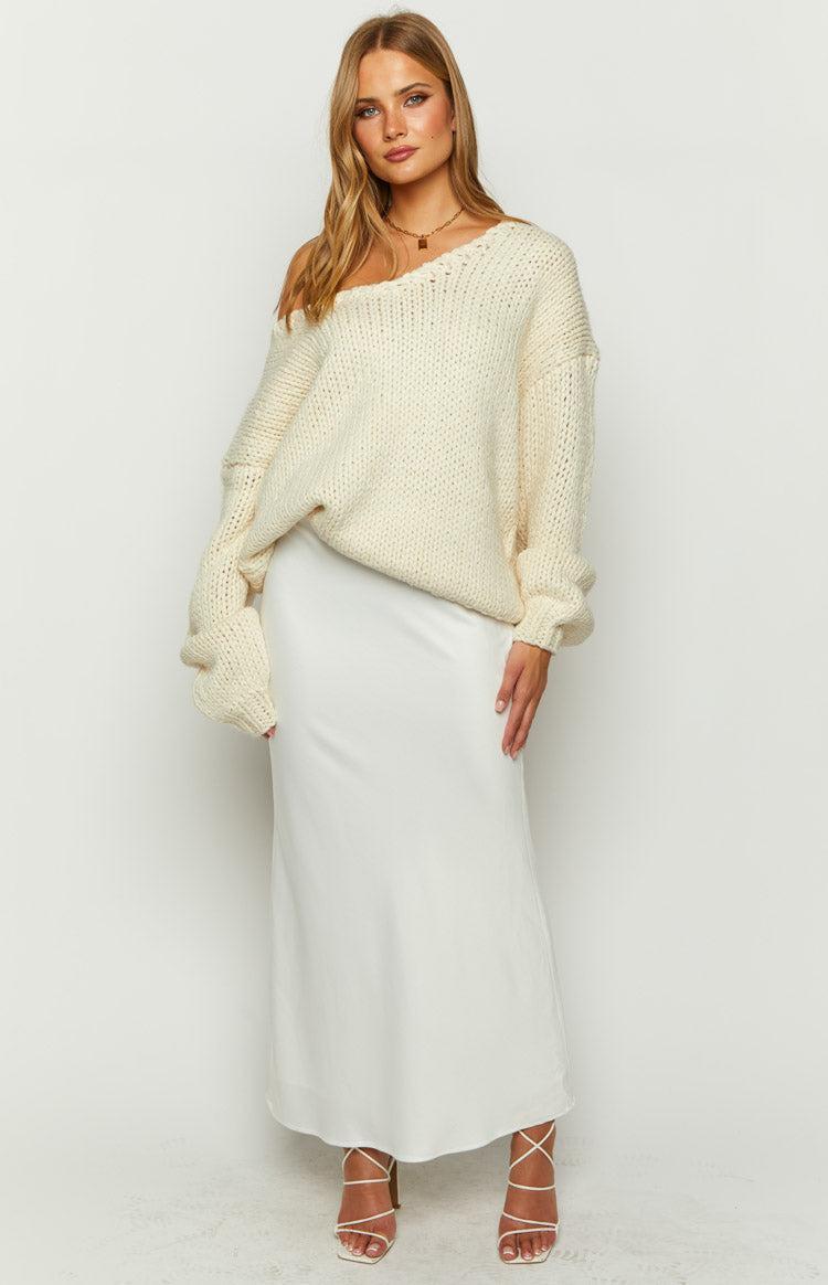 Genevieve White Satin Maxi Skirt Product Image