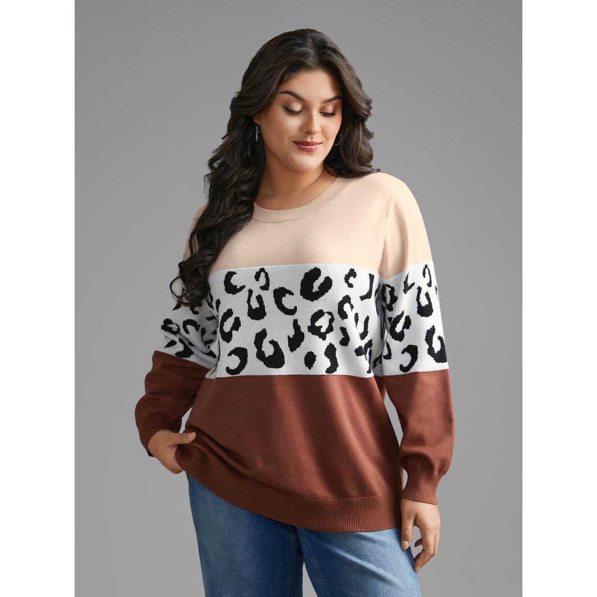 Plus Size Crew Neck Leopard Print Contrast Pullover Browncoffeecolor Women Casual Loose Long Sleeve Round Neck Everyday Pullovers BloomChic 12/L Product Image