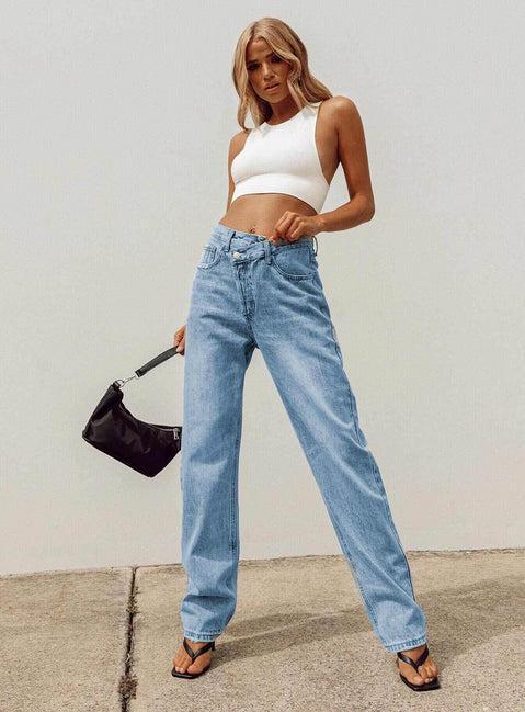 Holly Mid Rise Straight Leg Asymmetric Jean Light Wash Denim Product Image