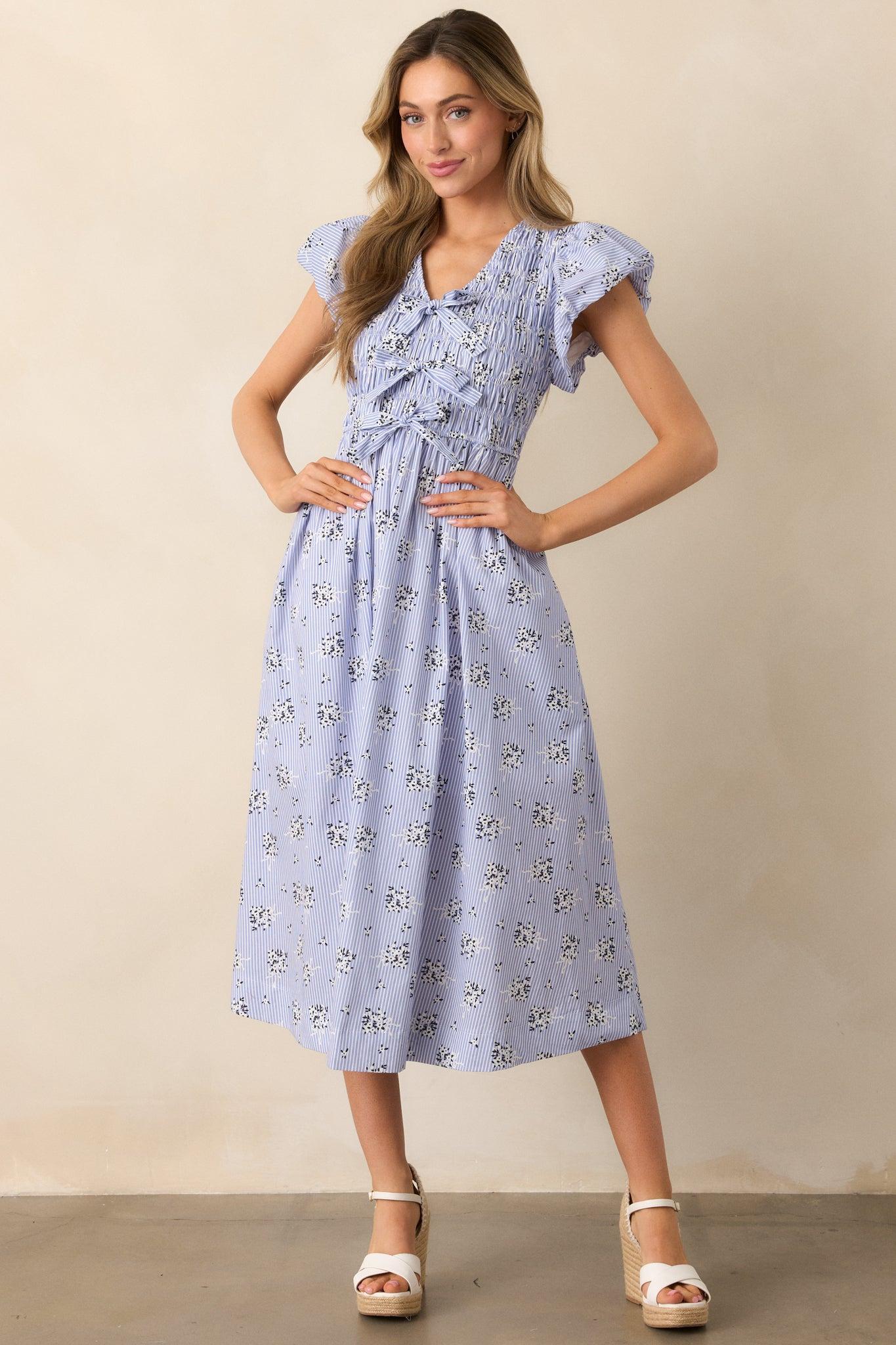 On A Good Note Blue Stripe Floral Cotton Midi Dress Product Image