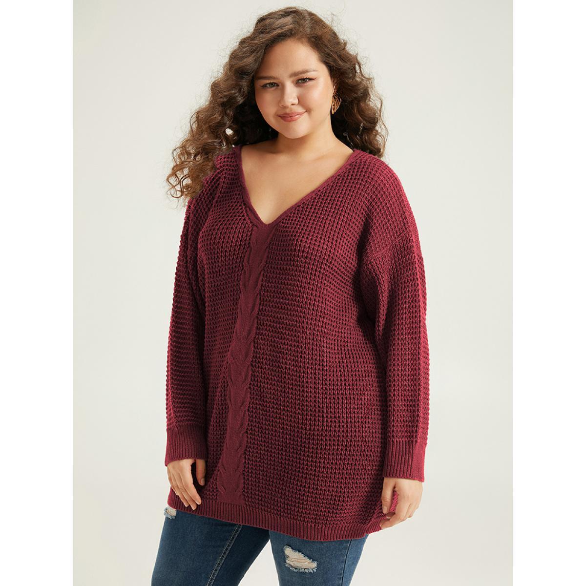 Plus Size Cable Knit Plain Elastic Cuffs Pullover Burgundy Women Casual Loose Long Sleeve V-neck Dailywear Pullovers BloomChic 18-20/2X Product Image
