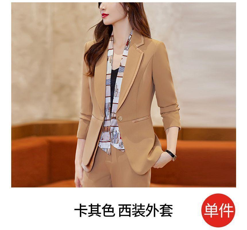 Notch Lapel Plain Asymmetrical Single Breasted Blazer / High Rise Cropped Straight Leg Suit Pants / Set Product Image