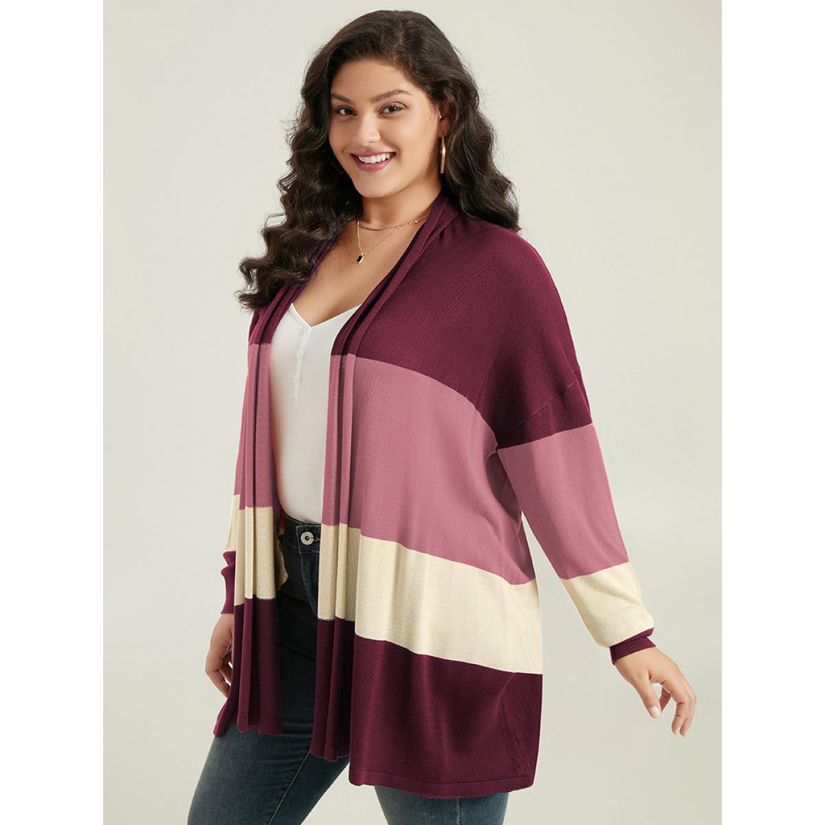 Plus Size Supersoft Essentials Colorblock Contrast Cardigan Burgundy Women Casual Loose Long Sleeve Dailywear Cardigans BloomChic 14-16/1X Product Image