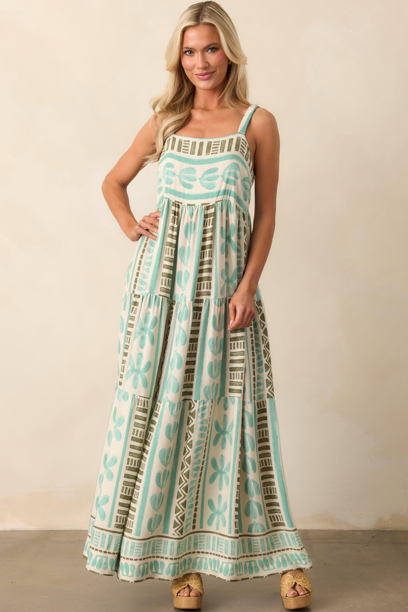 Just The Beginning Seafoam Green Tropical Print Maxi Dress Product Image