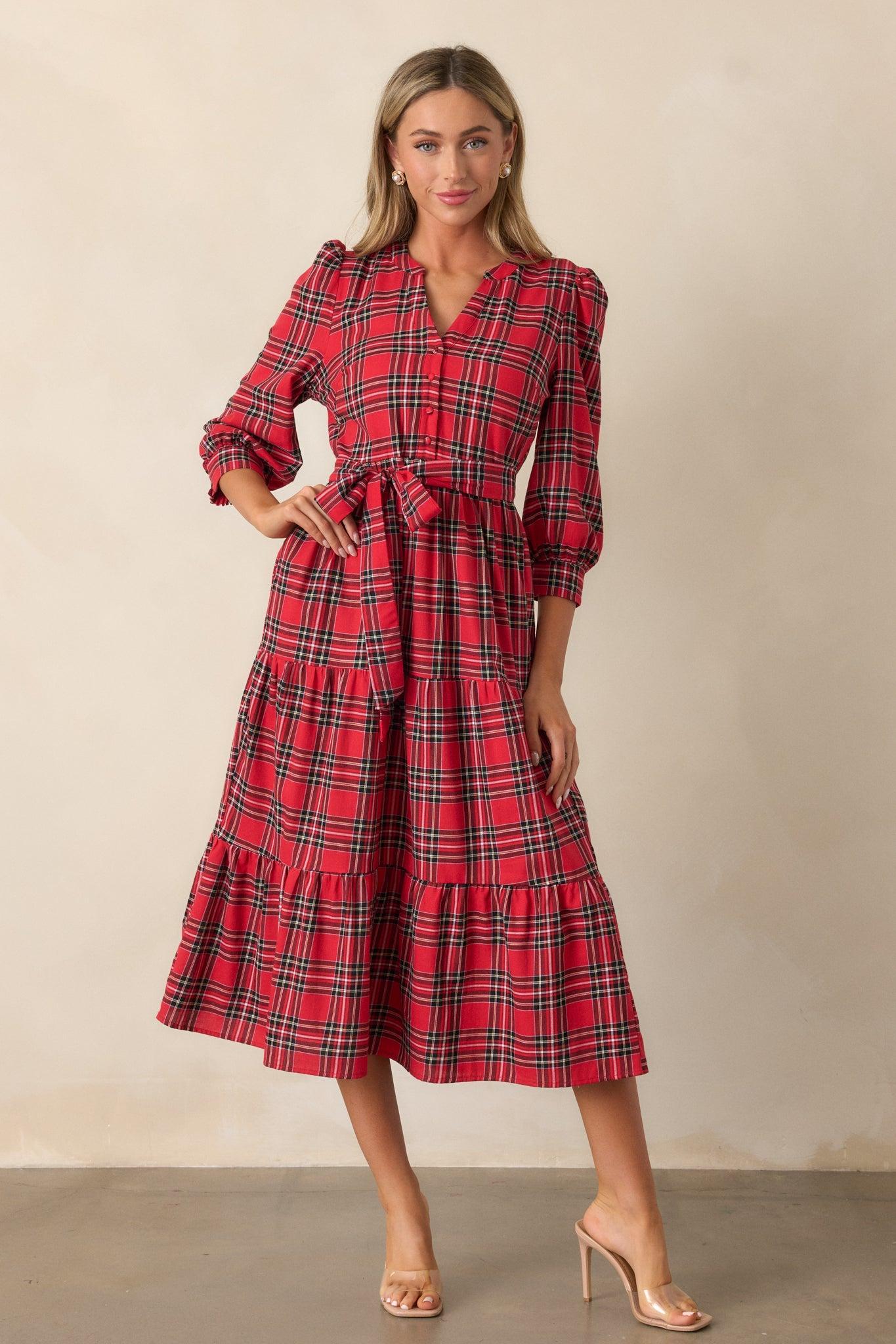 A Simple Glow Cotton Red Long Sleeve Midi Dress Product Image