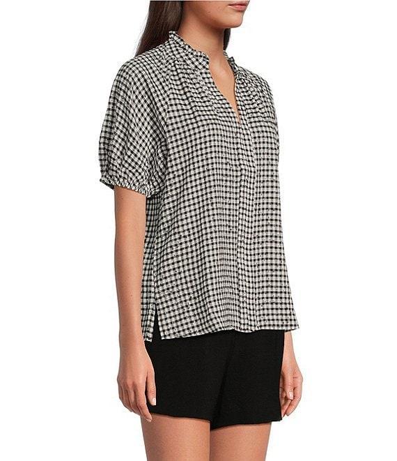 CeCe Woven Gingham Print Split V-Neck Short Sleeve Top Product Image
