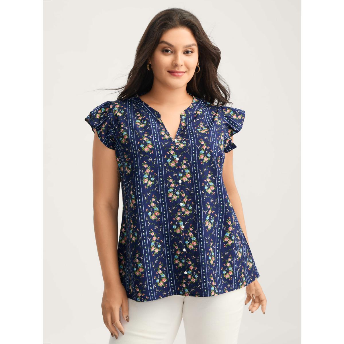 Plus Size DarkBlue Floral Stripes Flutter Sleeve Blouse Women Cap Sleeve Flat collar with V-notch Everyday-Elegant Blouses BloomChic 18-20/2X Product Image