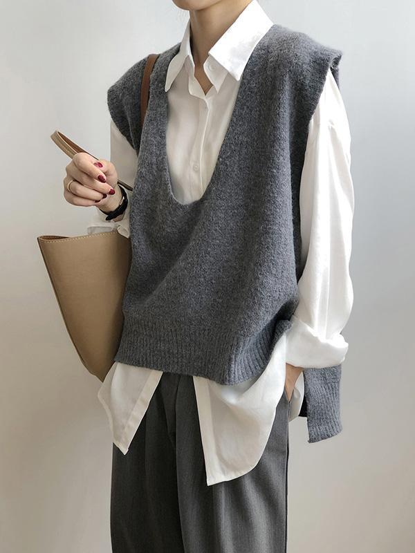 Knitting Irregularity Solid V-Neck Vest Product Image