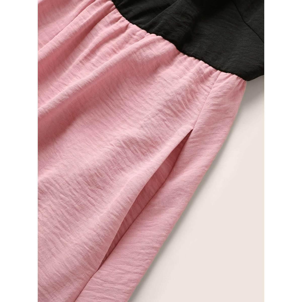 Plus Size Colorblock Contrast Patchwork Gathered Raglan Sleeve Dress Black Women Casual Non Square Neck Short sleeve Curvy Midi Dress BloomChic 10/M Product Image