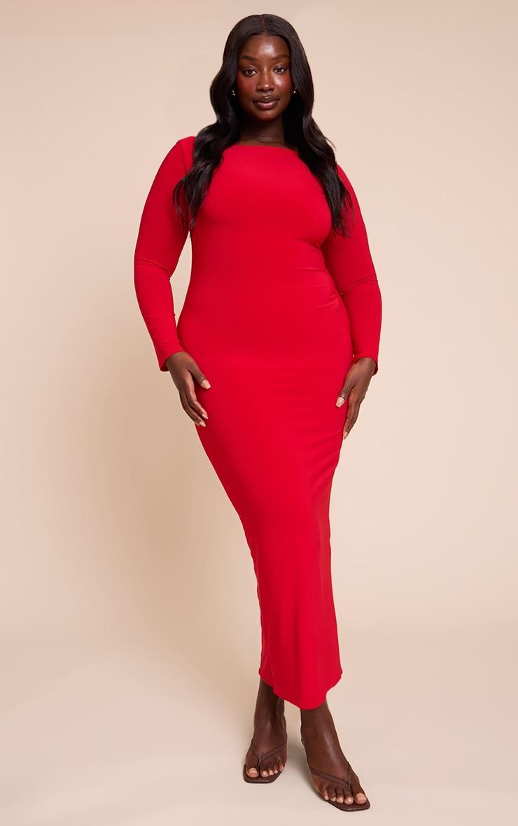 Plus Deep Red Scoop Back Detail Long Sleeve Maxi Dress Product Image