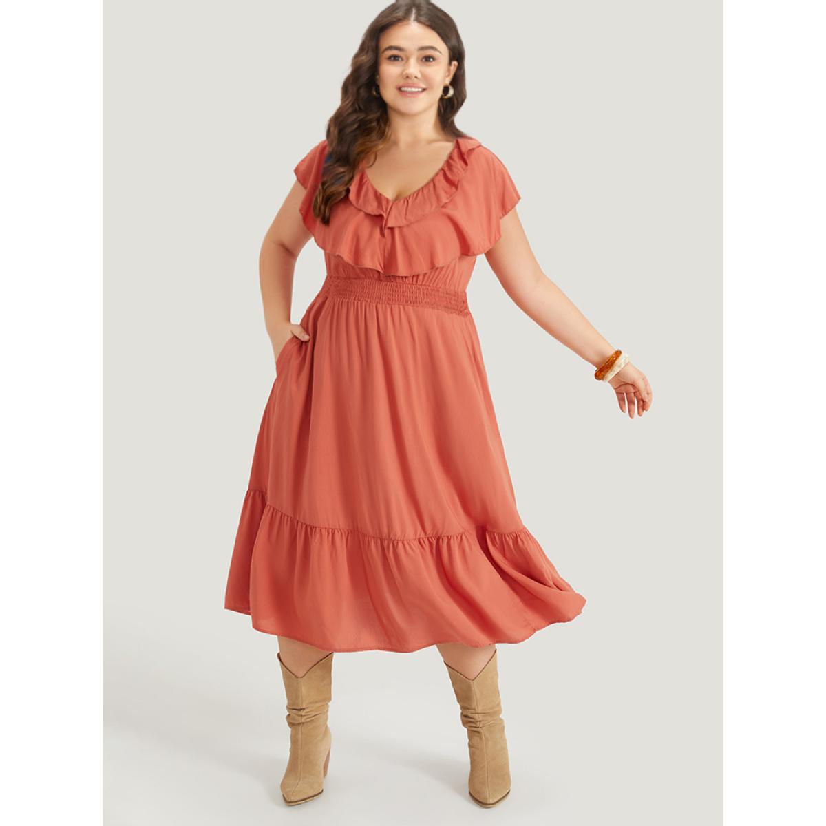 Plus Size Solid Pocket Ruffle Trim Layered Shirred Dress Coral Women Vacation Plain V-neck Sleeveless Curvy Midi Dress BloomChic 28/5X Product Image