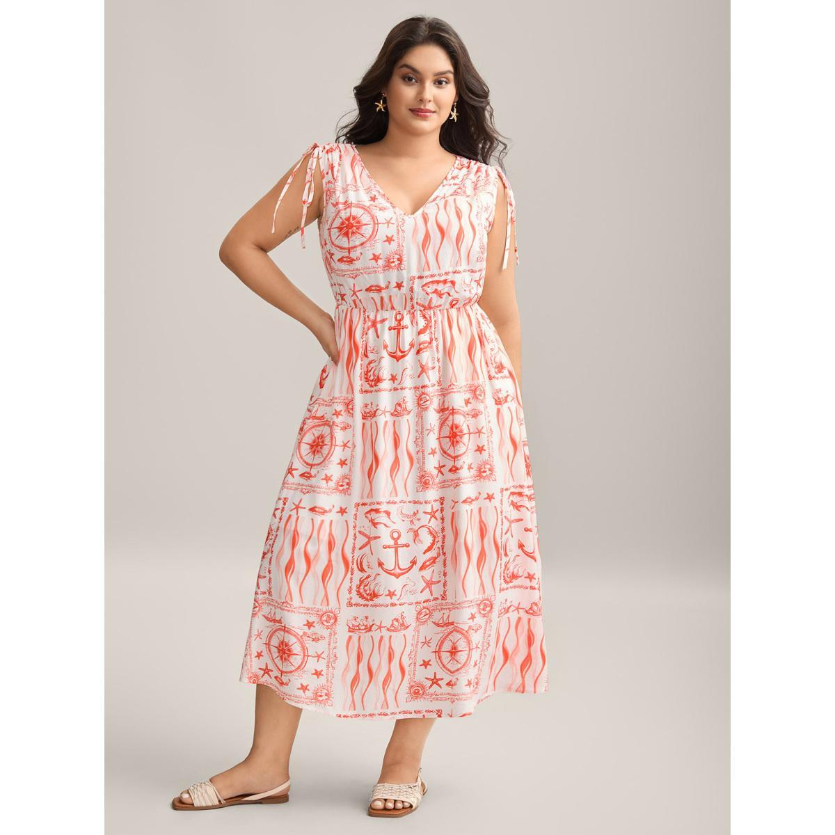 Plus Size Nautical Print Sleeveless Ties Pockets Maxi Dress Coral Women V-neck Sleeveless Curvy BloomChic 18-20/2X Product Image
