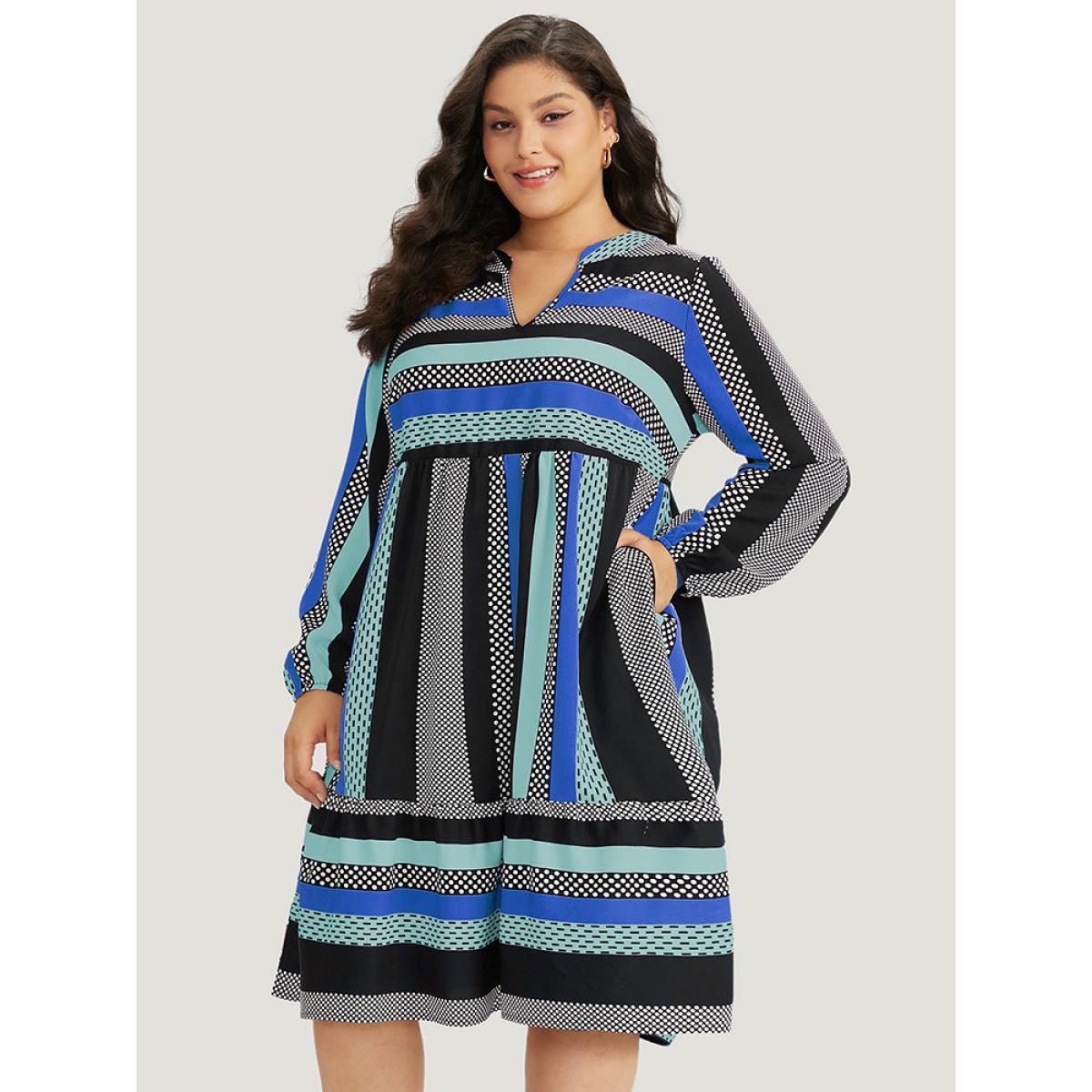 Plus Size Polka Dot & Striped Print Notched Pocket Dress Aegean Women Office Elastic cuffs Notched collar Long Sleeve Curvy Midi Dress BloomChic 12/L Product Image