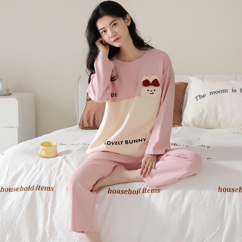 Loungewear Set : Long-Sleeve Rabbit Print Padded T-Shirt + Pants Product Image