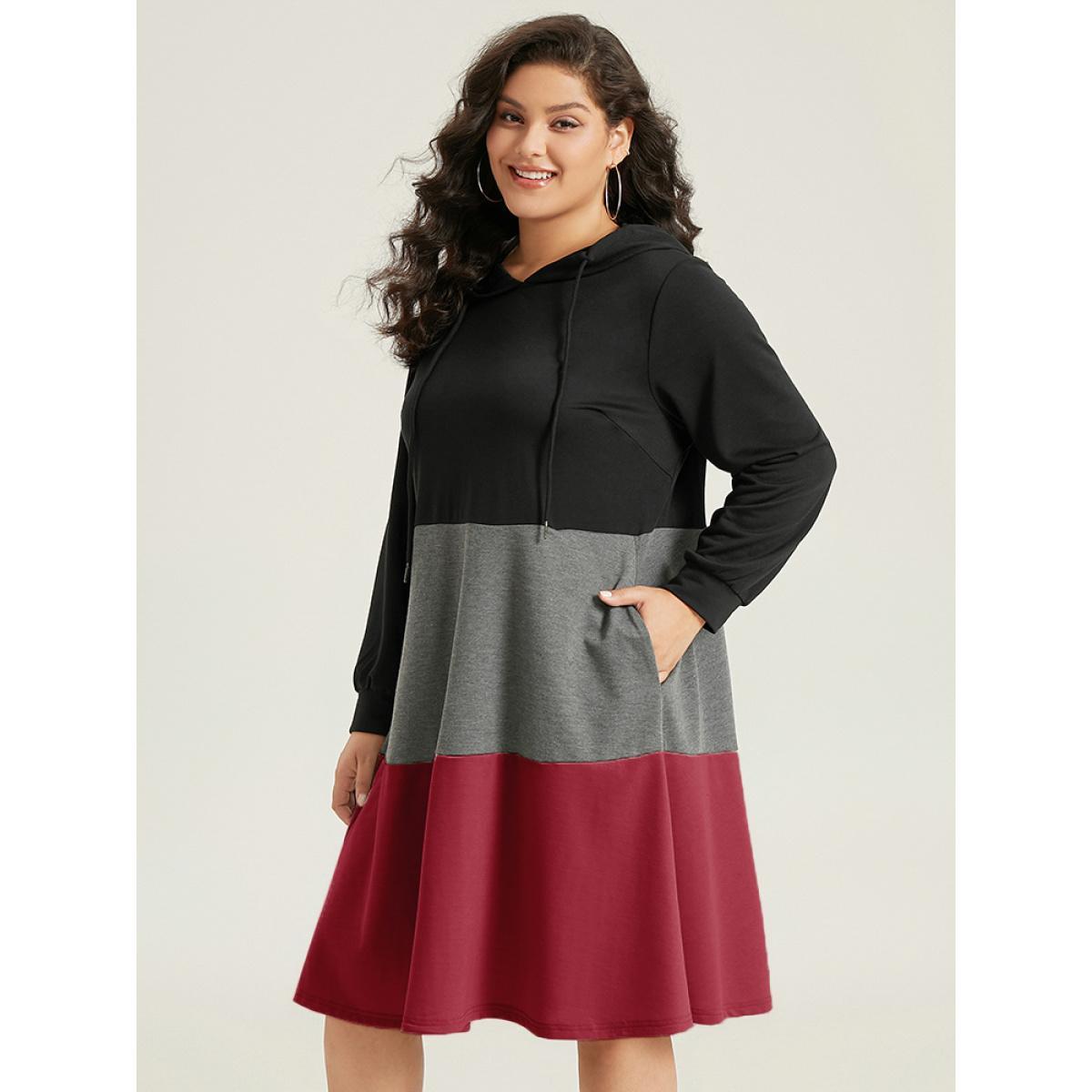 Plus Size Colorblock Contrast Hooded Drawstring Dress Scarlet Women Casual Contrast Hooded Long Sleeve Curvy Midi Dress BloomChic 12/L Product Image