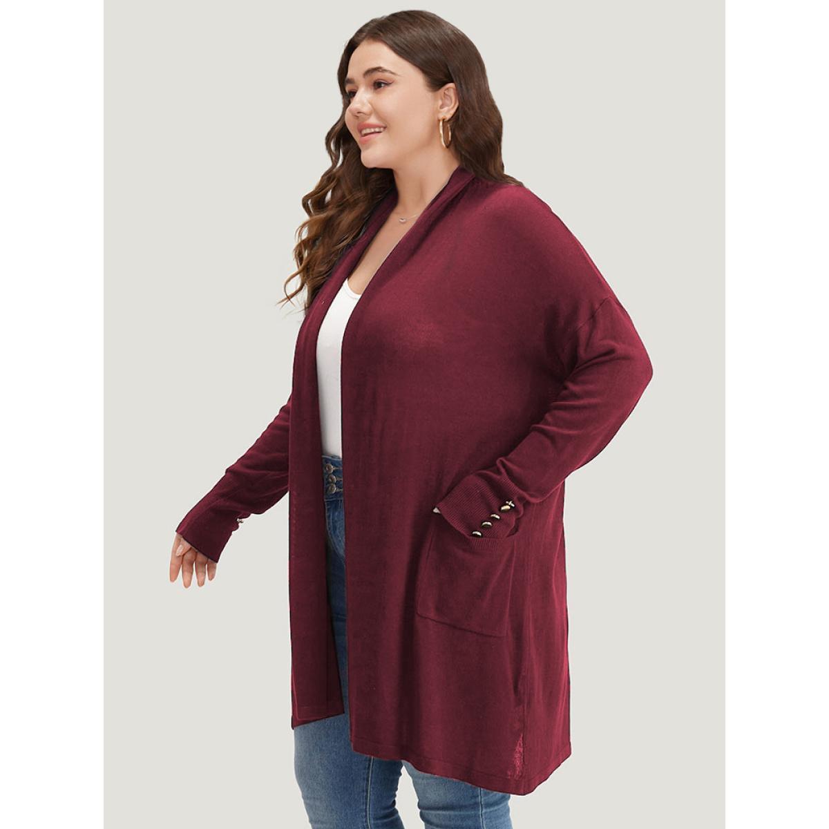 Plus Size Supersoft Essentials Button Detail Lapel Collar Cardigan Burgundy Women Basics Loose Long Sleeve Everyday Cardigans BloomChic 22-24/3X Product Image