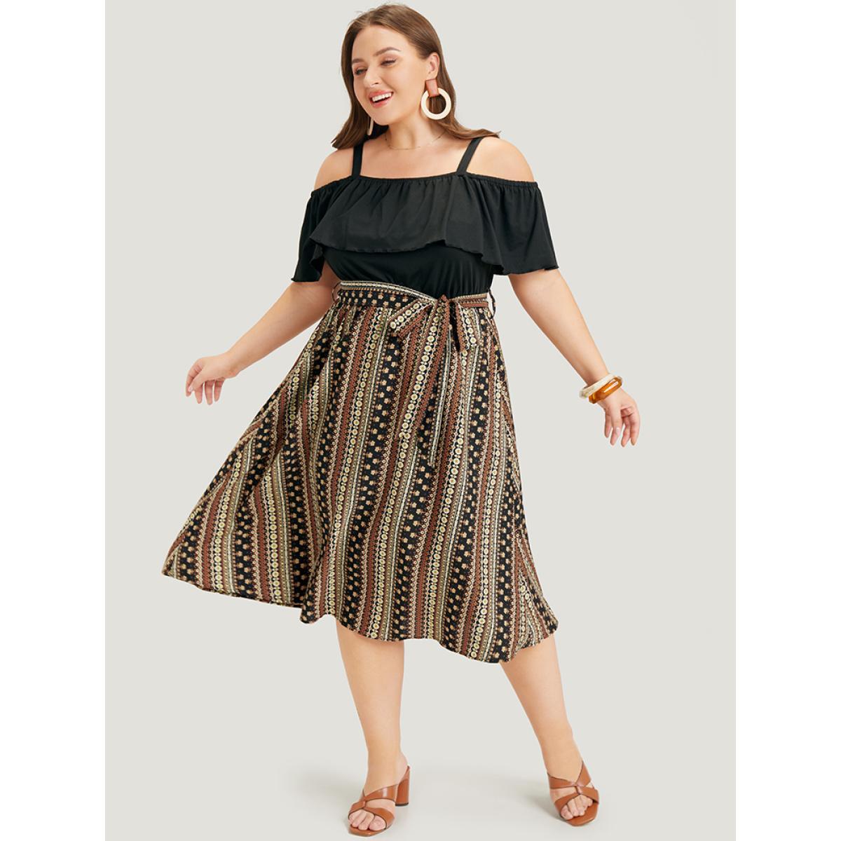 Plus Size Bandana Patchwork Flutter Pocket Belt Cold Shoulder Dress DarkBrown Women Vacation Adjustable Straps Spaghetti Strap Short sleeve Curvy Midi Dress BloomChic 22-24/3X Product Image