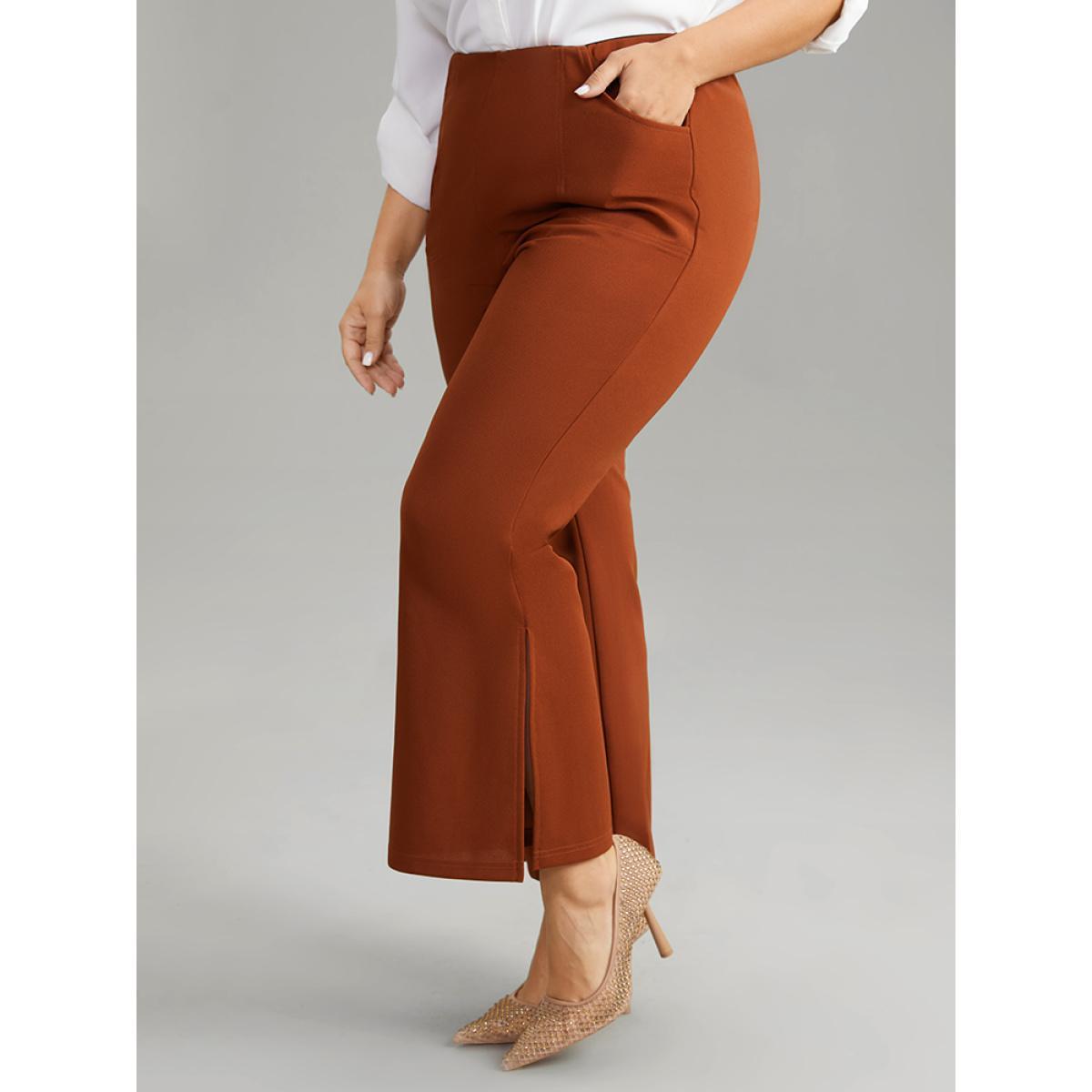 Plus Size Plain Split Side Pocket Pants Women Rust Elegant Flare Leg High Rise Dailywear Pants BloomChic 18-20/2X Product Image