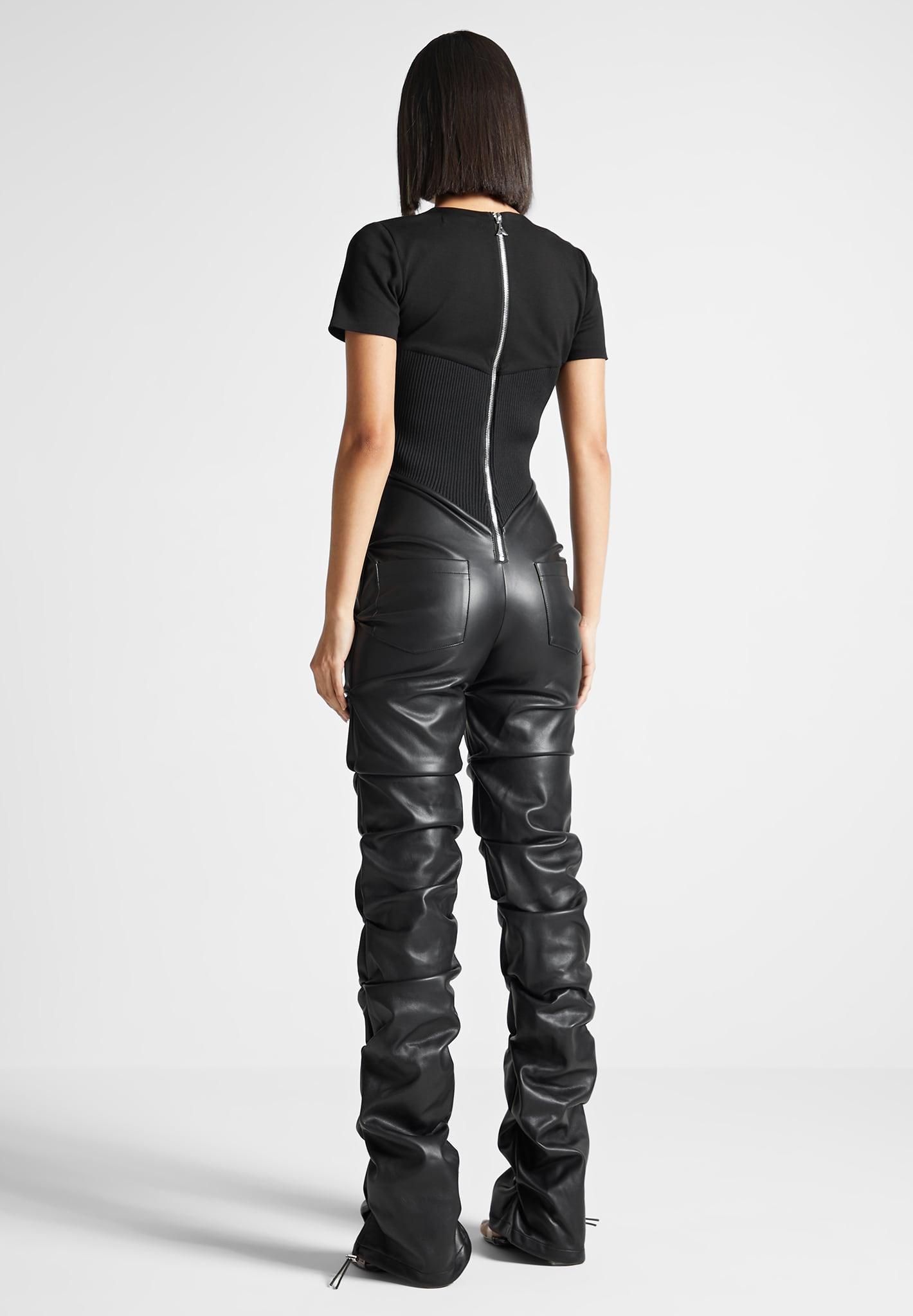 Tacked Leather T-Shirt Jumpsuit - Black Female Product Image