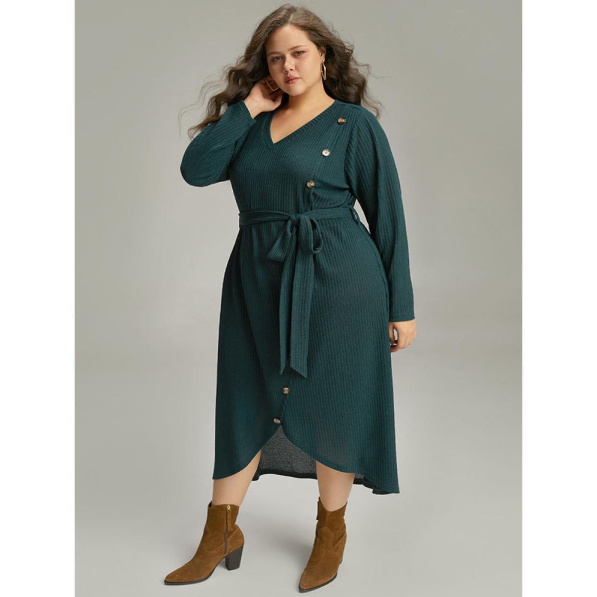Plus Size Rib Knit Button Detail Belted Wrap Hem Dress Cyan Women Casual Texture V-neck Long Sleeve Curvy Midi Dress BloomChic 28/5X Product Image