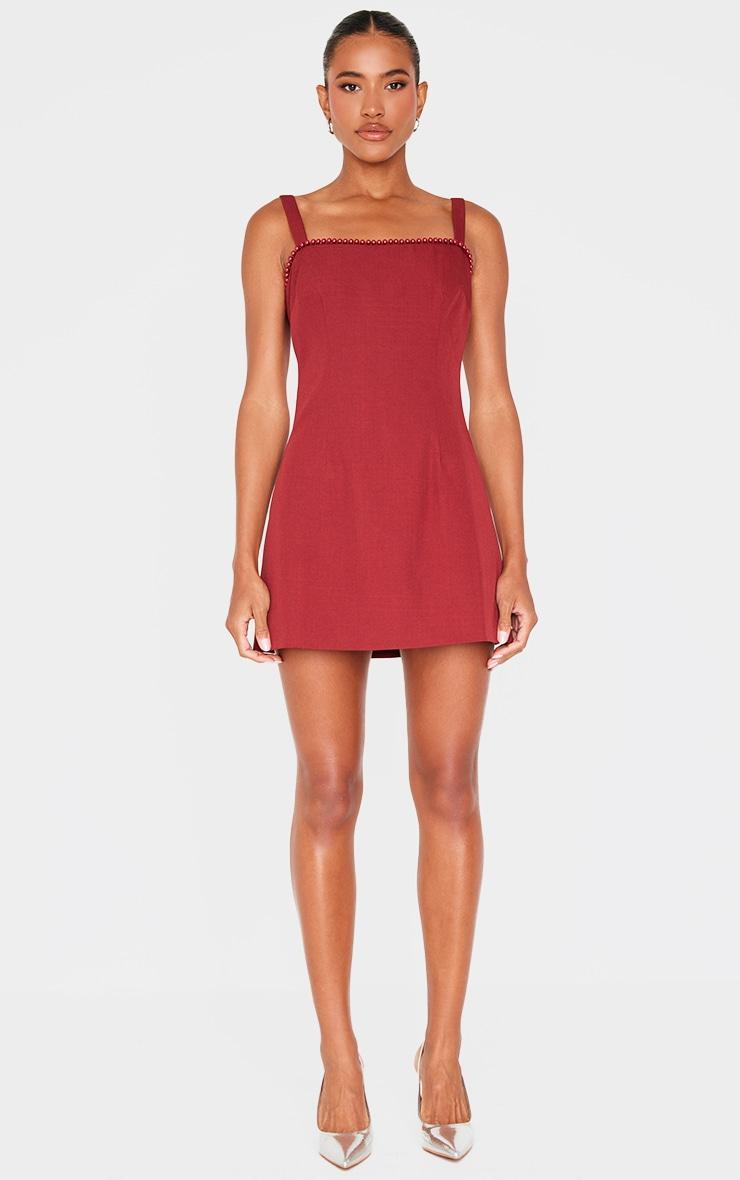 Cherry Red Woven Pearl Mini Dress Product Image