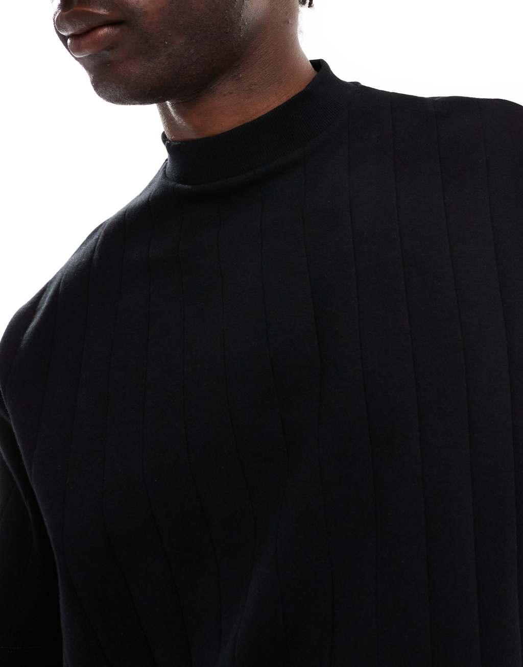 ASOS DESIGN oversized boxy rib high neck T-shirt in black Product Image