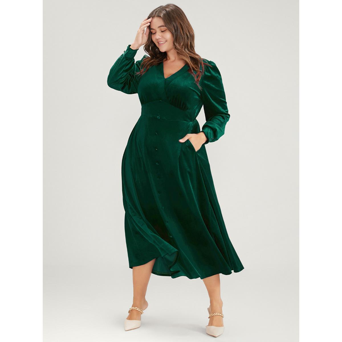 Plus Size Solid V Neck Button Detail Pocket Velvet Dress Green Women Glamour Button V-neck Long Sleeve Curvy Midi Dress BloomChic 30/6X Product Image